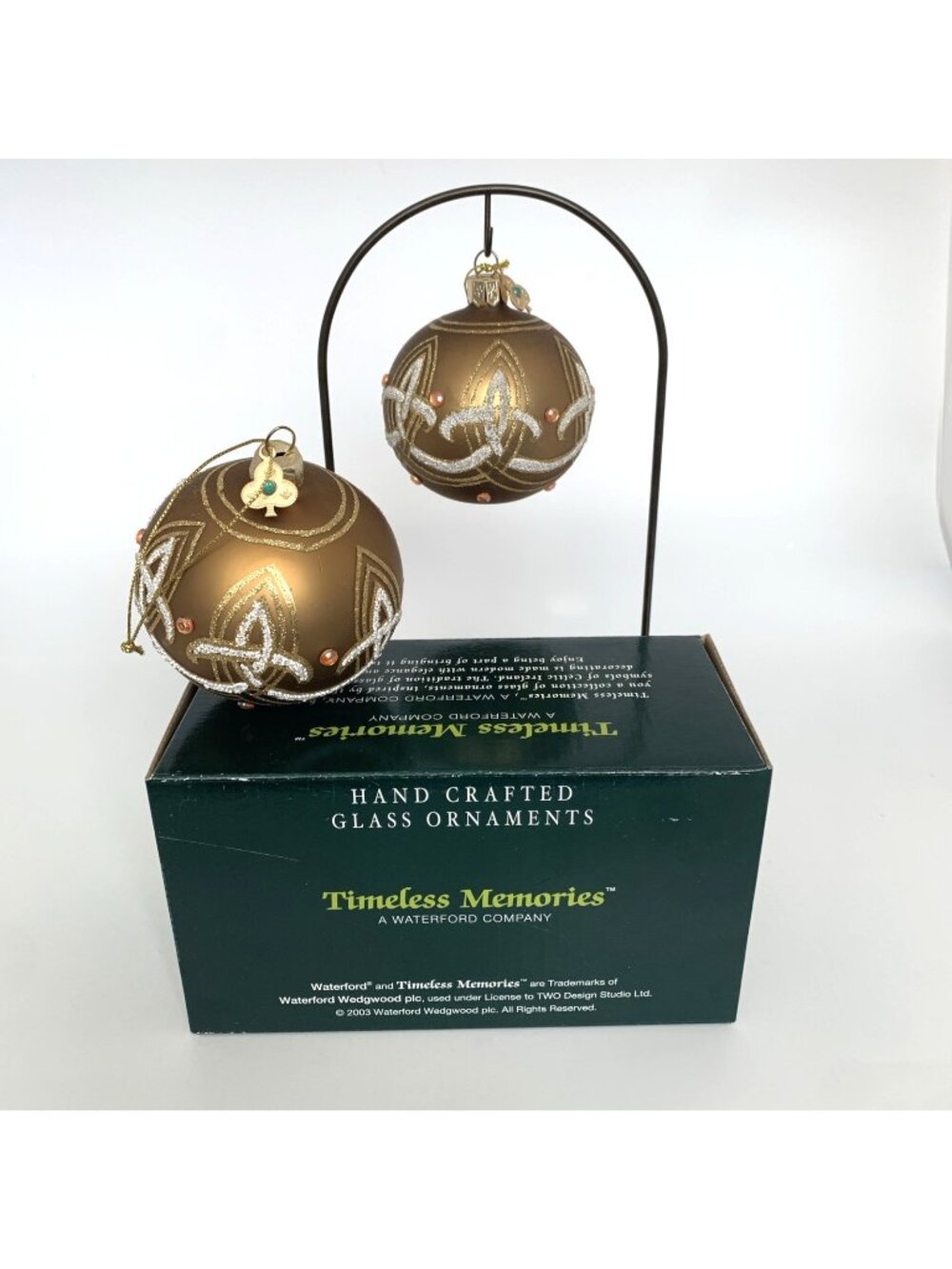 Waterford Timeless Memories Celtic Glass Ornaments Gold Glitter Set 2003 Box Vtg